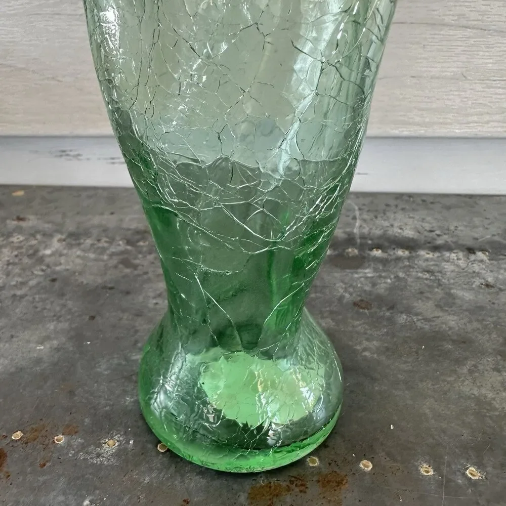 Vintage Pier 1 Green Crackle Glass Oil Lamp Base Vessel Urn Candle Holder 8”